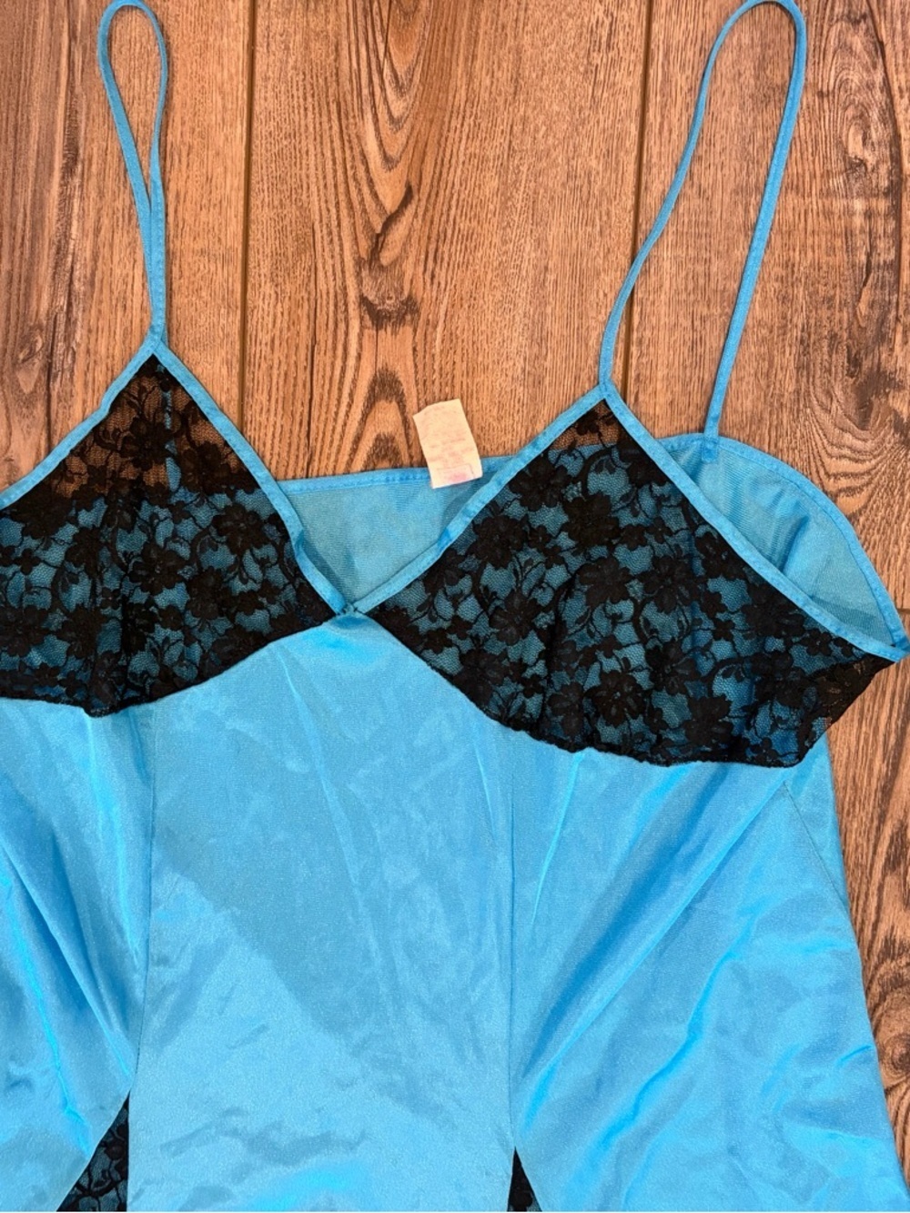 Vintage Blue & Black Lace Nylon Slip Dress Nightgown USA Made - Picture 3 of 9